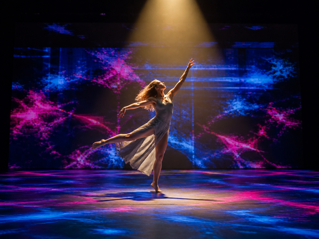 A striking wide shot of a modern dance performance in progress: a single dancer…