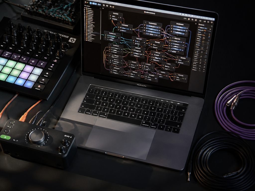 An overhead close-up flat-lay of a live-performance control setup on a black desk: a…