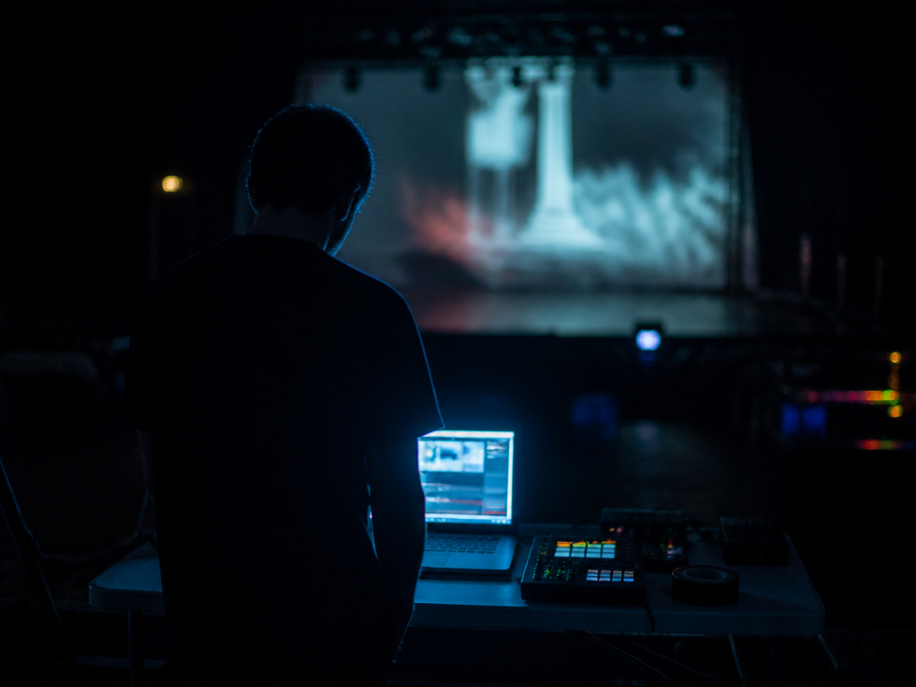 A tense behind-the-scenes moment at a live performance: a lone technician stands in near-darkness…