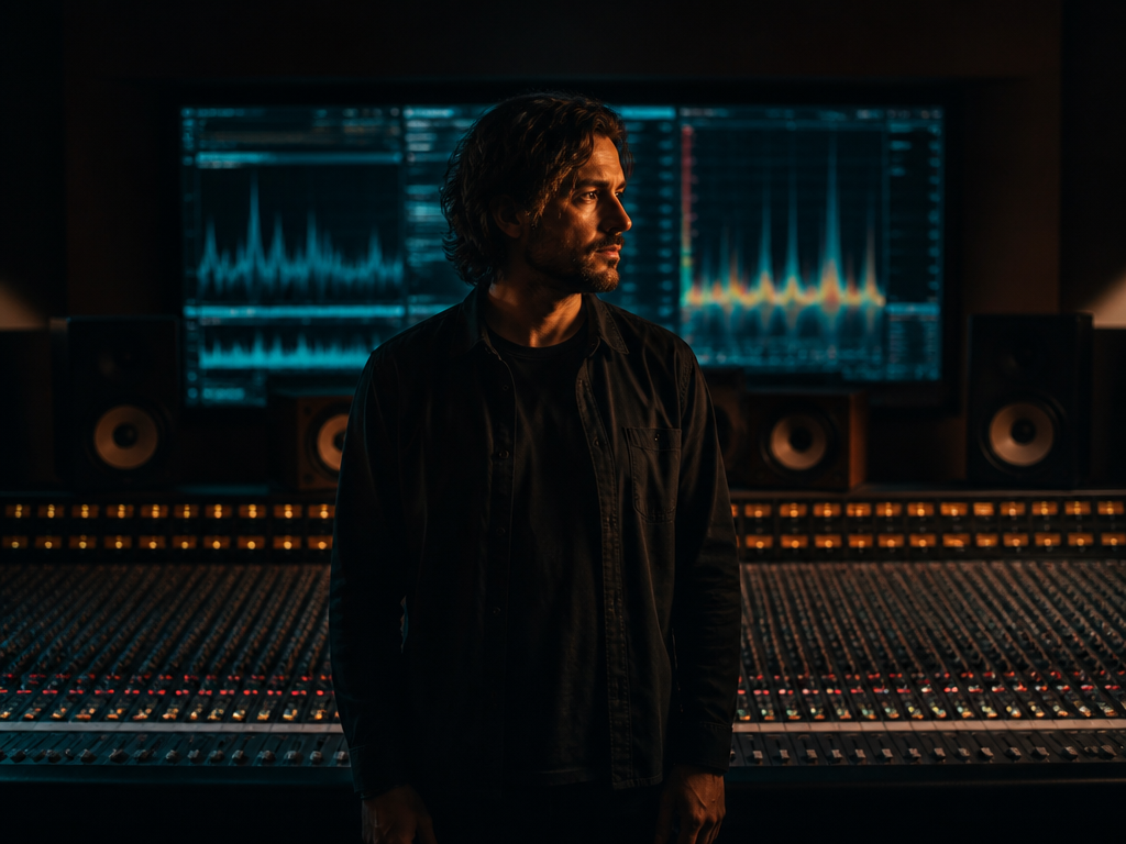A dramatic studio portrait of a sound engineer standing in a dimly lit control…