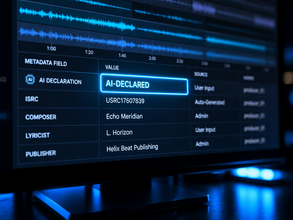 A macro photograph of a modern computer screen displaying a music production timeline, with…