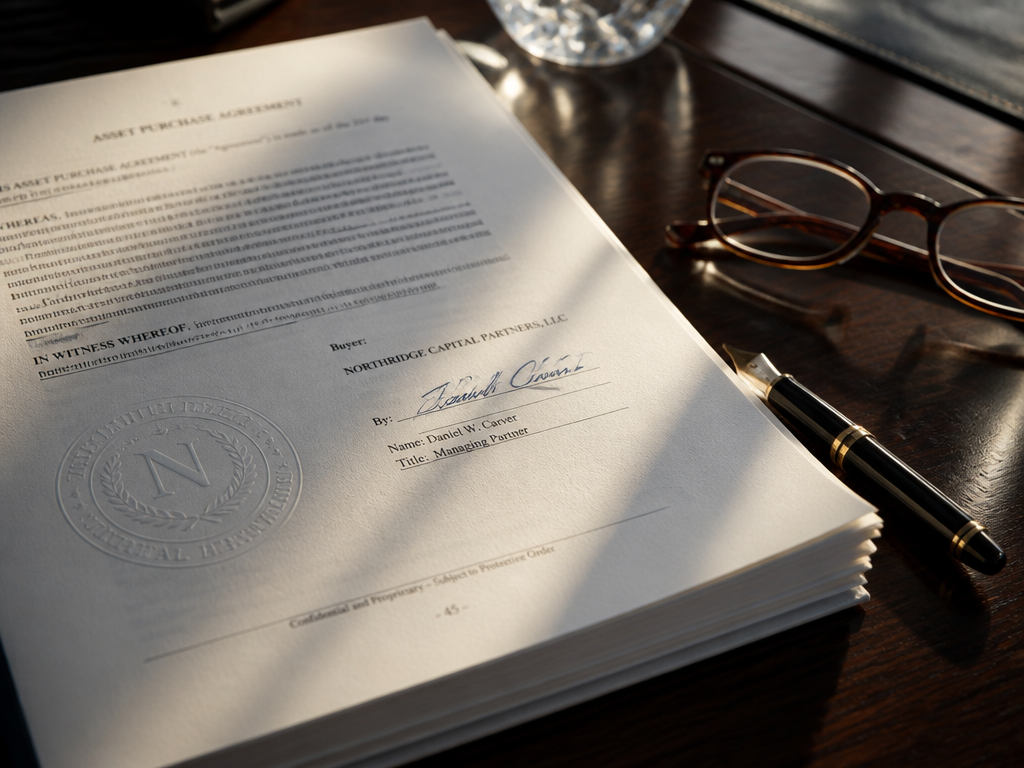 An overhead flat-lay on a polished conference table of a thick printed acquisition contract…
