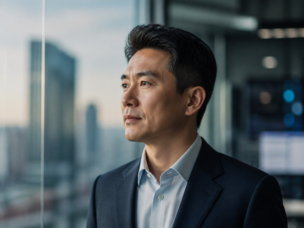 A close-up studio portrait of a thoughtful professional in a modern glass-walled office, empty…