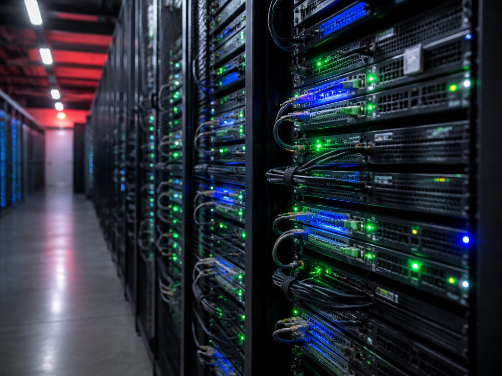A close-up documentary-style photograph of a vast server room with rows of humming data…