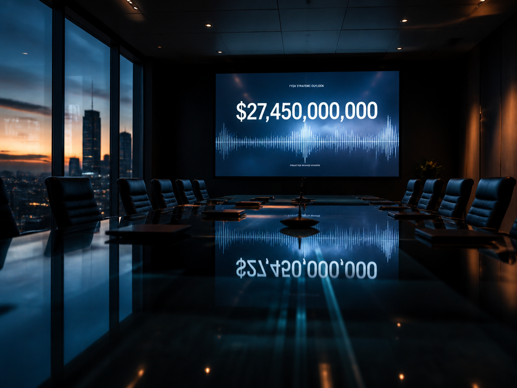 A moody corporate boardroom photographed at dusk, empty leather chairs arranged around a long…