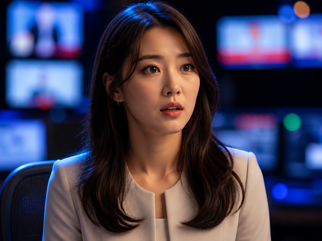 A close-up portrait of a female Korean broadcast announcer seated under bright studio lights…
