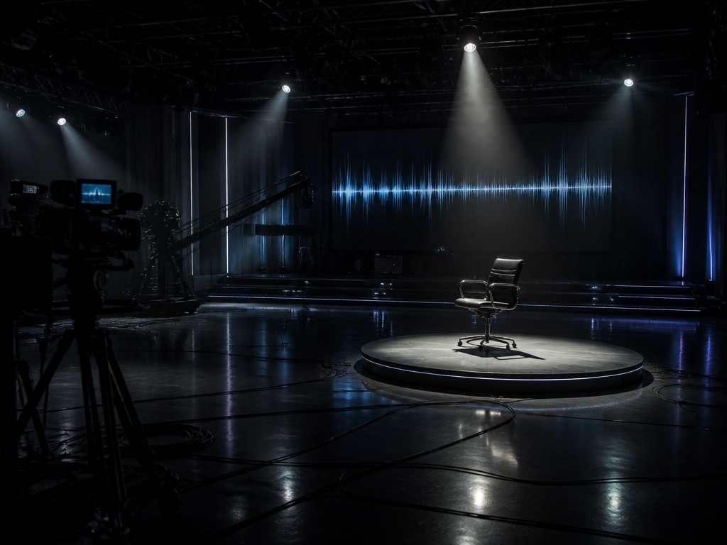 A moody wide shot of a modern television variety-show studio set after hours, with…