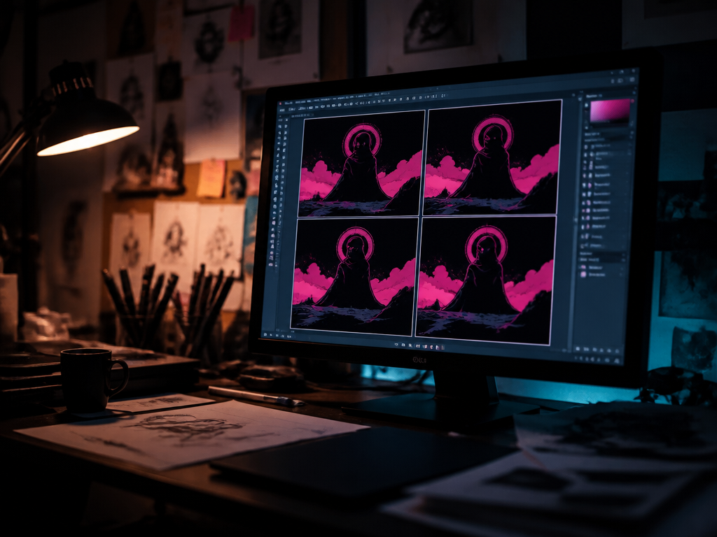 A dimly lit home studio at night, shot on a full-frame DSLR with a…