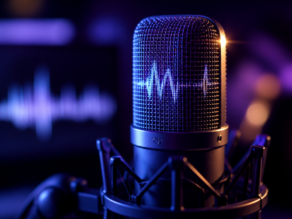 A close-up, macro photograph of a professional studio microphone bathed in cool blue and…