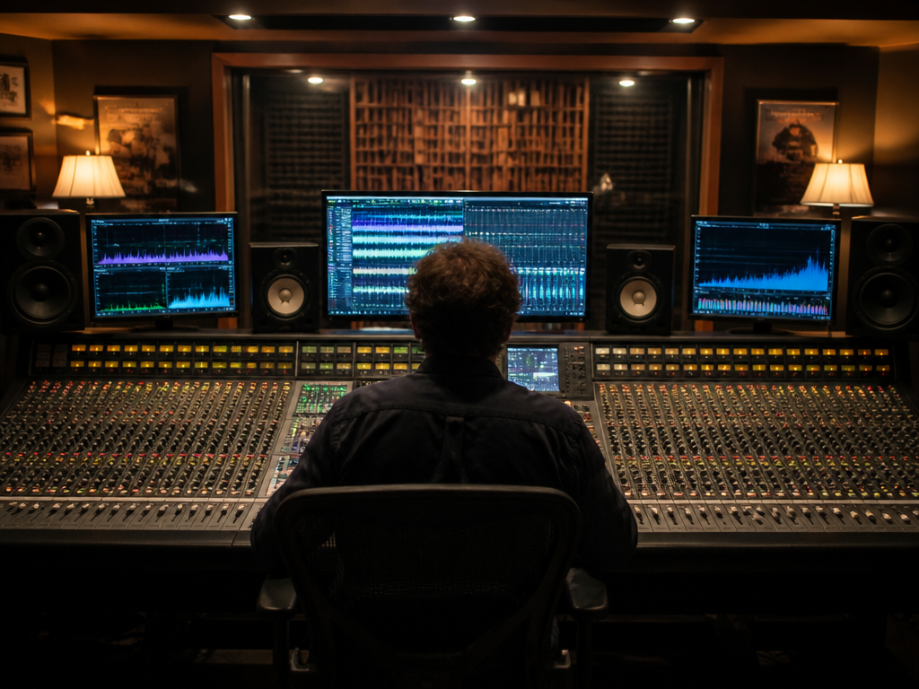 A wide, atmospheric photograph of a lone audio engineer seated at a large mixing…