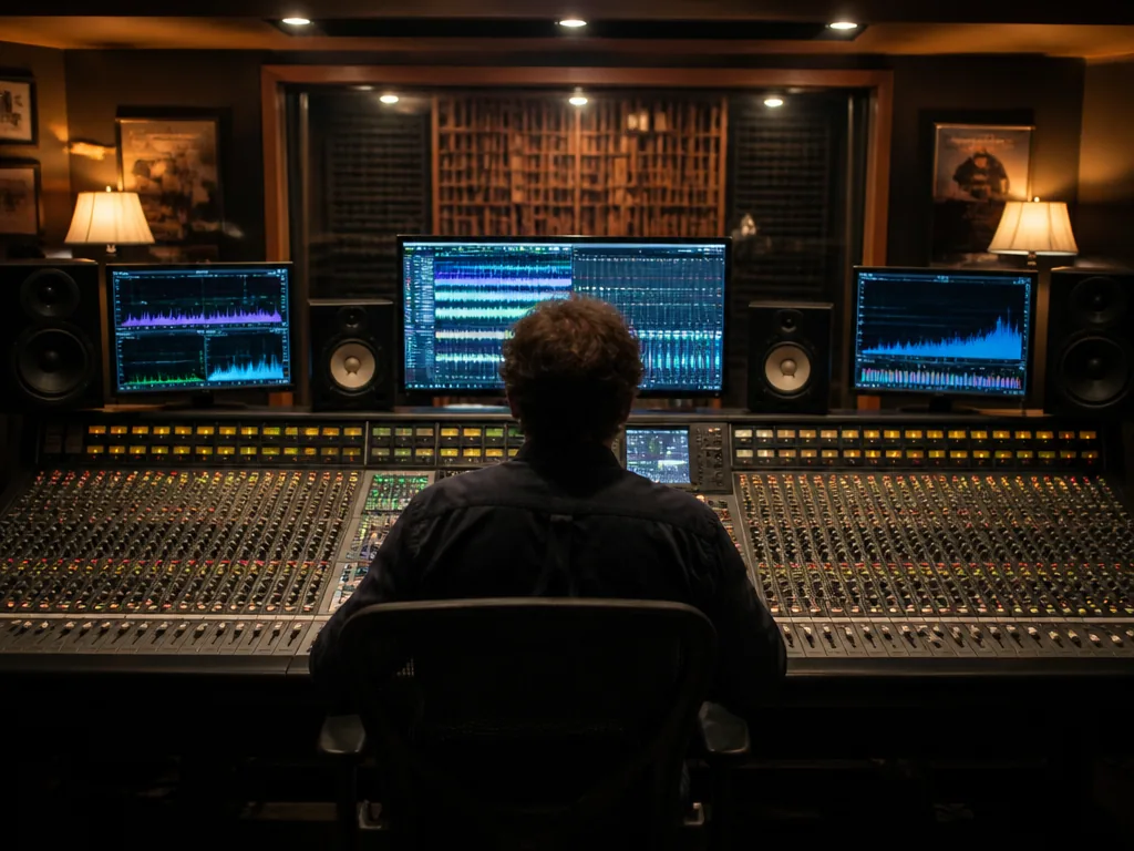 A wide, atmospheric photograph of a lone audio engineer seated at a large mixing…