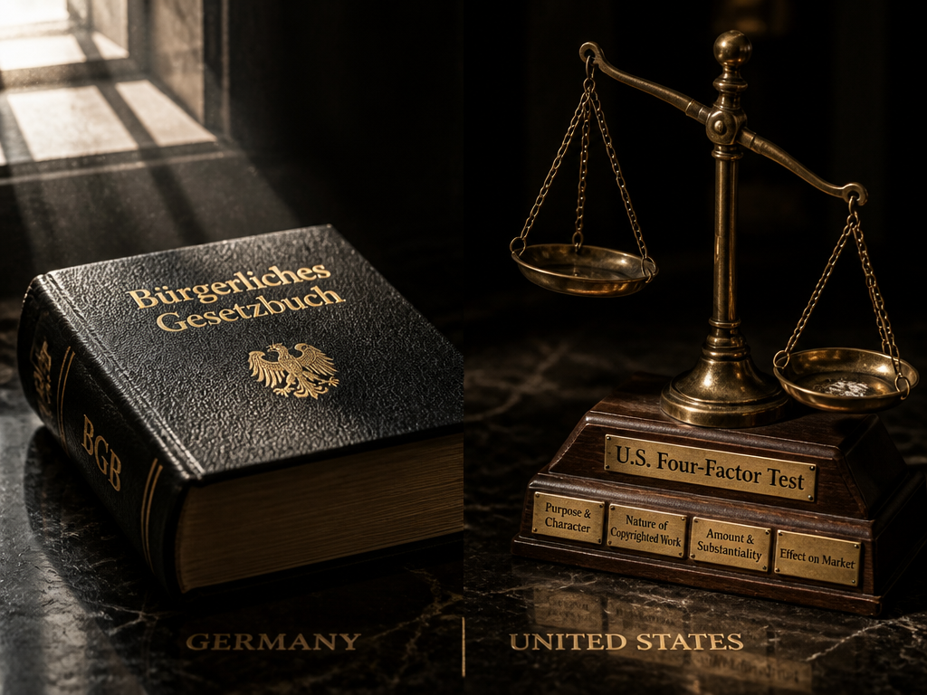 A conceptual split composition contrasting two legal jurisdictions, photographed as a dramatic still life…