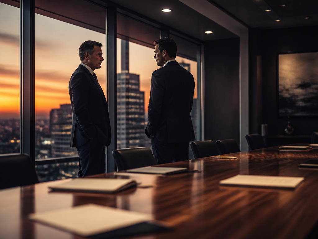 A high-stakes corporate conference room photographed at dusk, floor-to-ceiling windows revealing a blurred city…