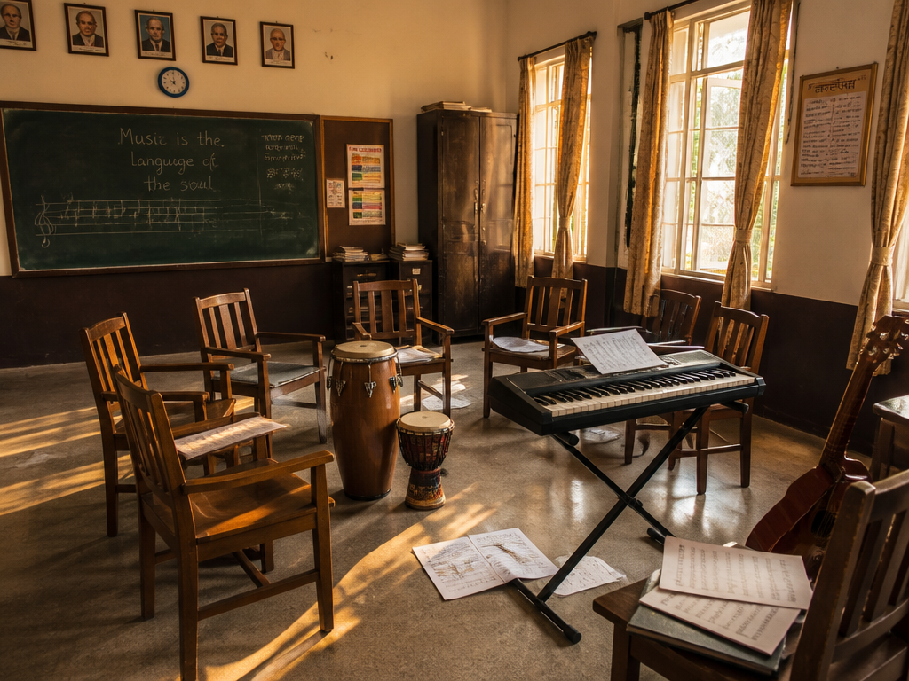 A quiet, sunlit school music classroom in Pune during late afternoon, wooden chairs arranged…