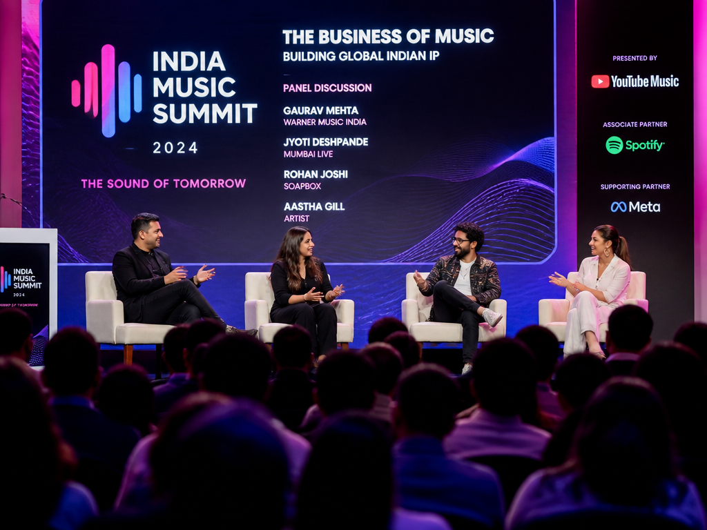 A packed industry music summit panel scene in a modern Indian convention hall, four…