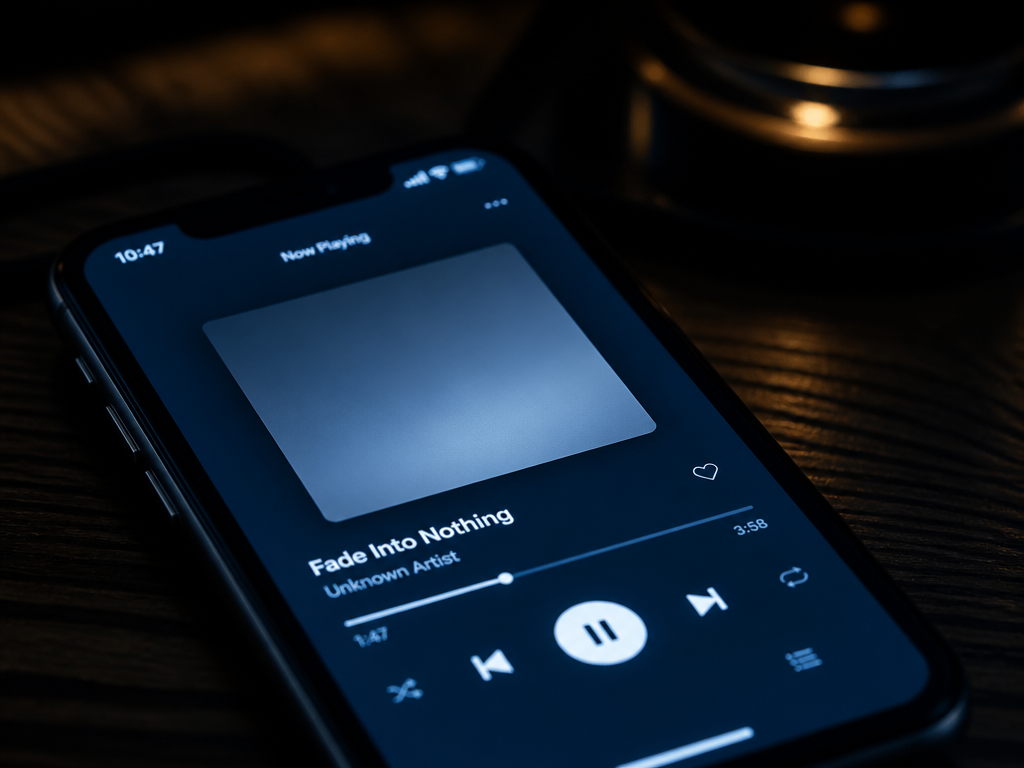 A close-up macro photograph of a smartphone screen displaying a generic music streaming interface…