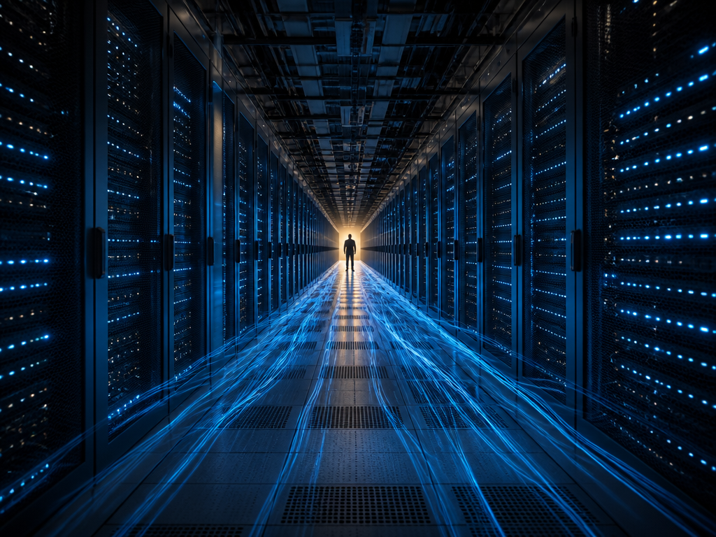 A wide conceptual photograph of an endless server room corridor with rows of glowing…