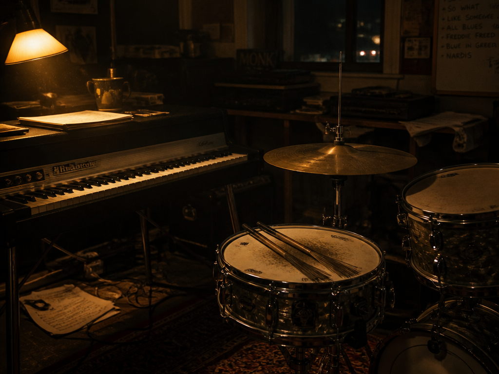 A dimly lit home studio at 1 a.m., an upright Rhodes electric piano and…
