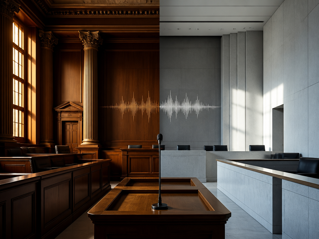 A conceptual split-composition photograph symbolizing two legal systems, capturing a grand courtroom interior with…