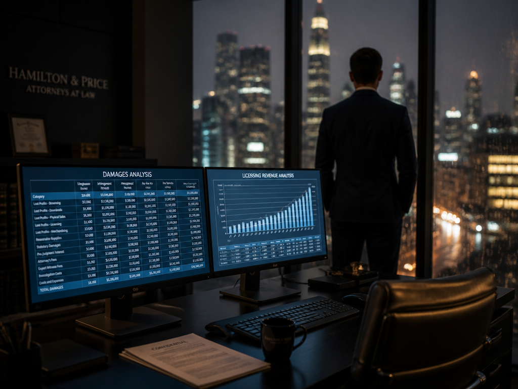 A tense, atmospheric wide shot of a modern law office at dusk, two large…