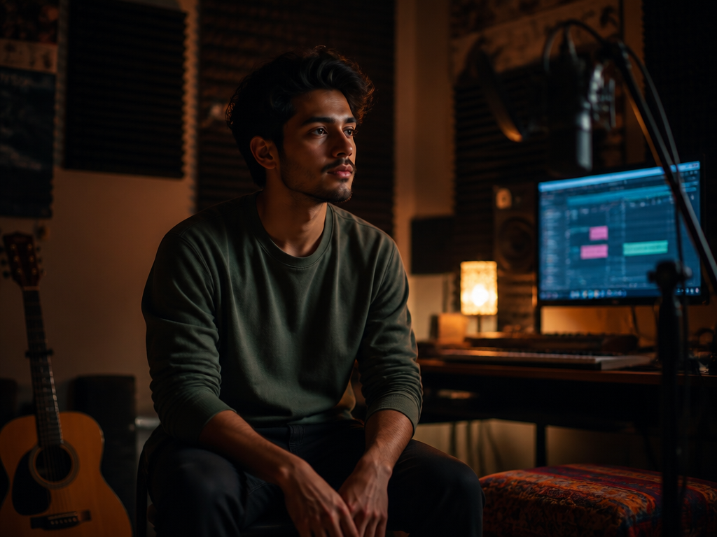 A young independent musician sits alone on a stool in a dimly lit home…
