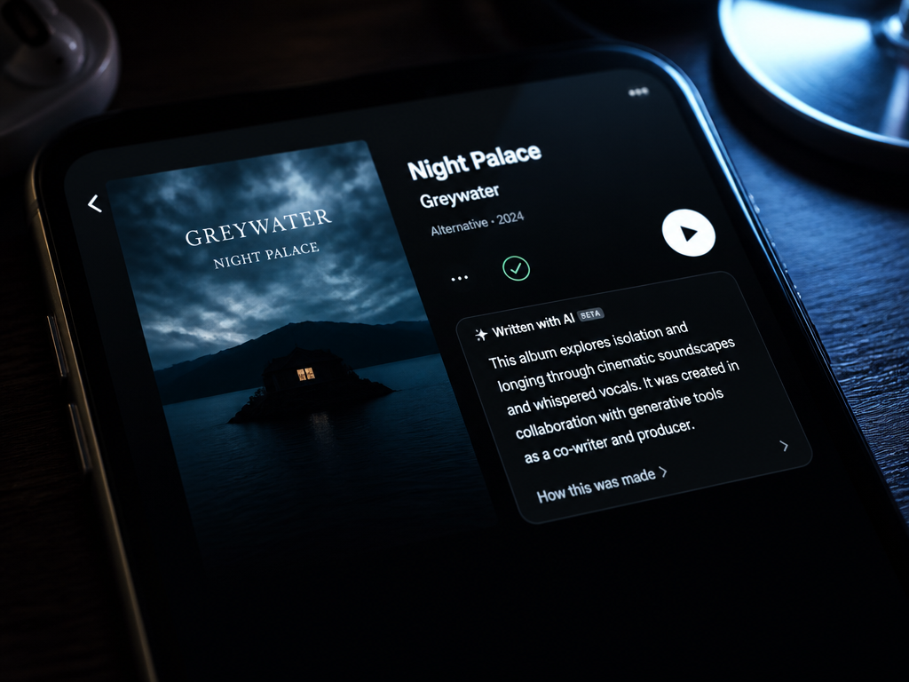 A close-up, editorial-style photograph of a smartphone screen displaying a music streaming app, showing…