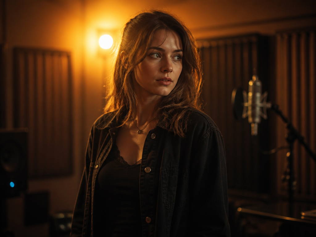 A contemplative portrait of a young female musician standing in a dimly lit recording…