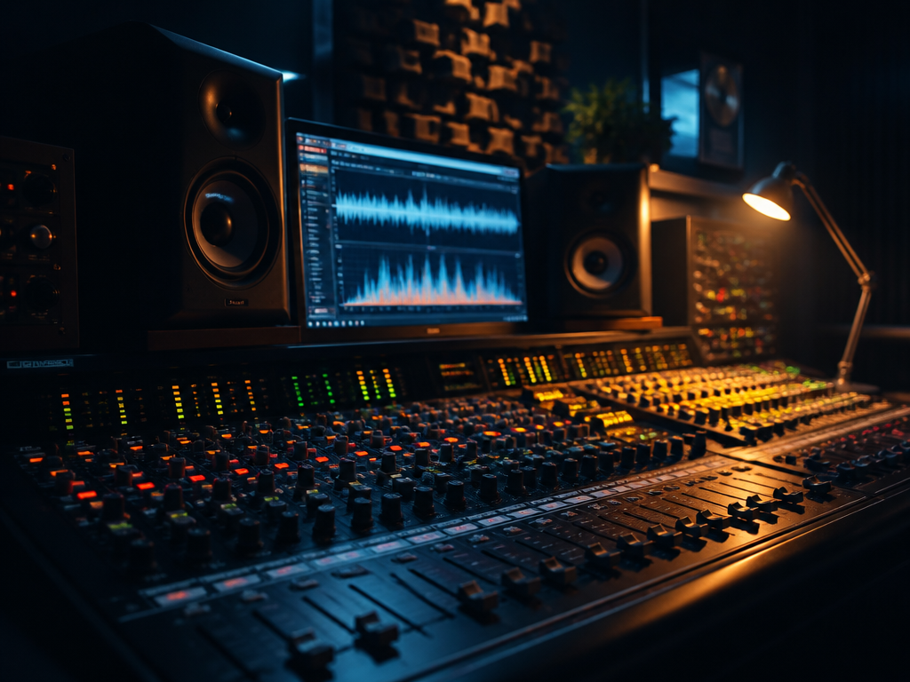 A moody, dimly lit professional music production studio at night, captured from a low…