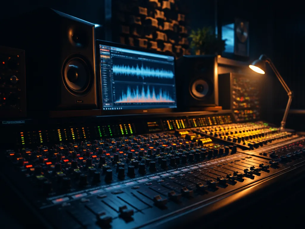 A moody, dimly lit professional music production studio at night, captured from a low…