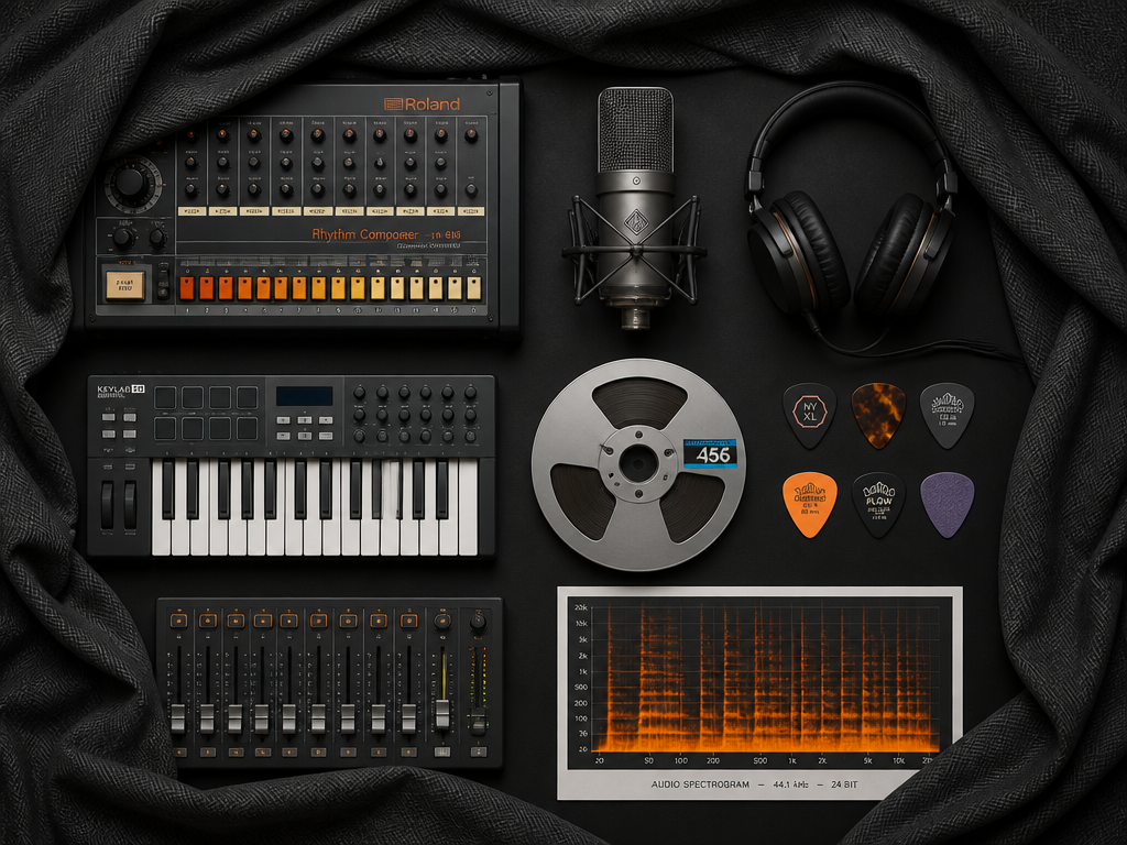A conceptual overhead flat-lay on a matte black surface, photographed with crisp, even softbox…