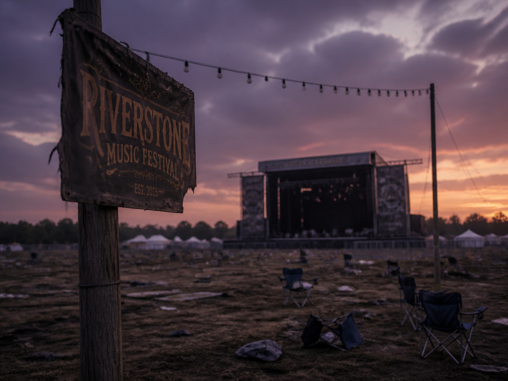 A wide-angle photograph of a nearly empty festival field at dusk, a lone weathered…