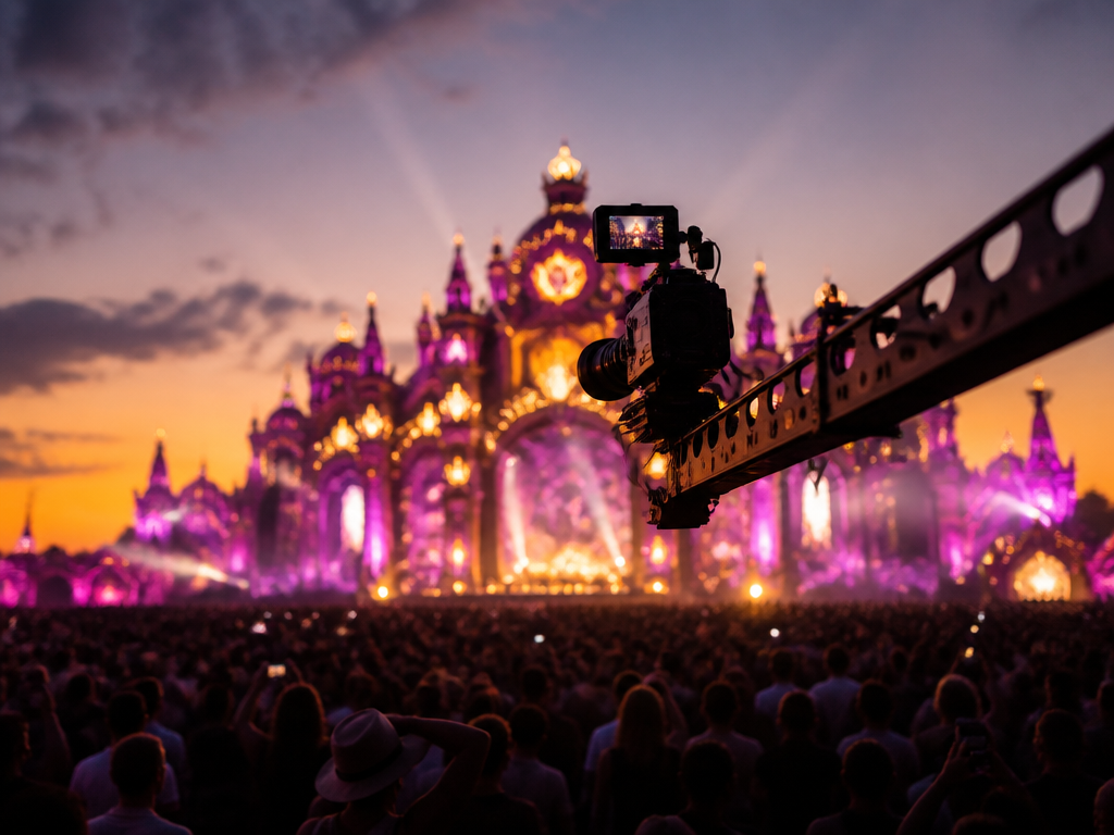 A wide-angle photograph of a massive outdoor music festival mainstage at dusk, elaborate ornate…
