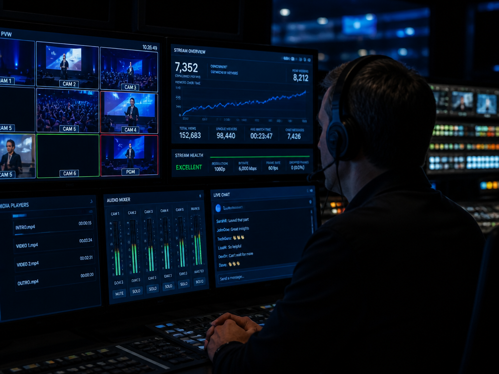 A close-up photograph of a modern control room behind the scenes of a live…