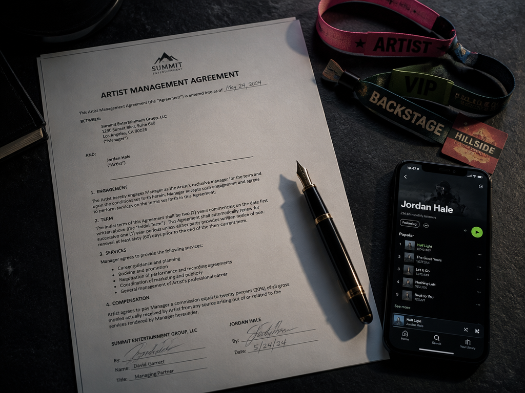 An overhead flat-lay photograph on a dark slate surface of a printed contract document…