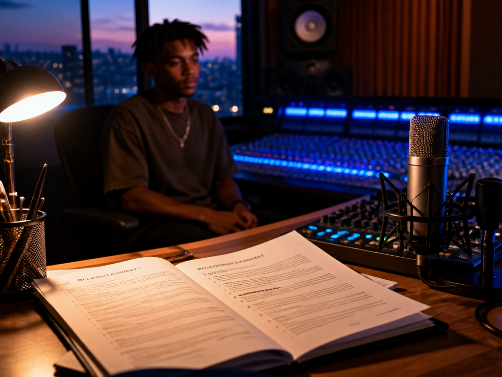 A photorealistic editorial photograph inside a modern Windhoek recording studio at dusk, focused on…