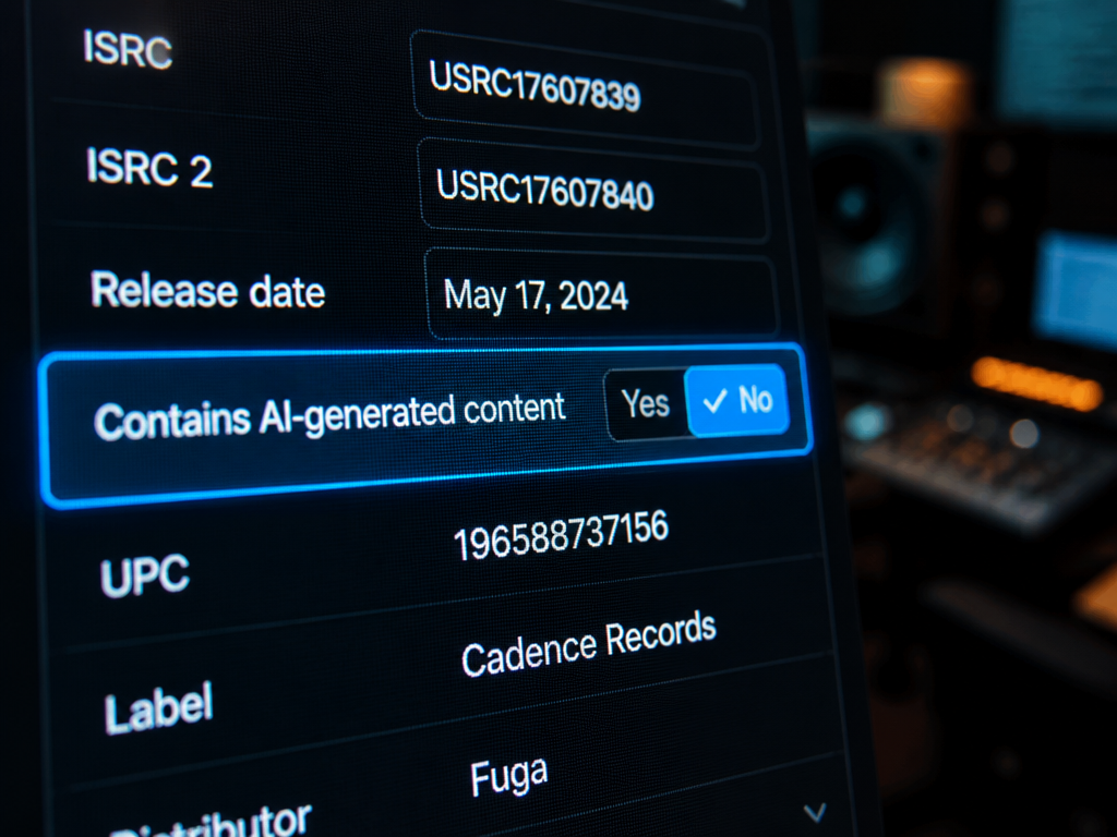 Extreme close-up macro photograph of a computer screen showing streaming metadata fields — ISRC…