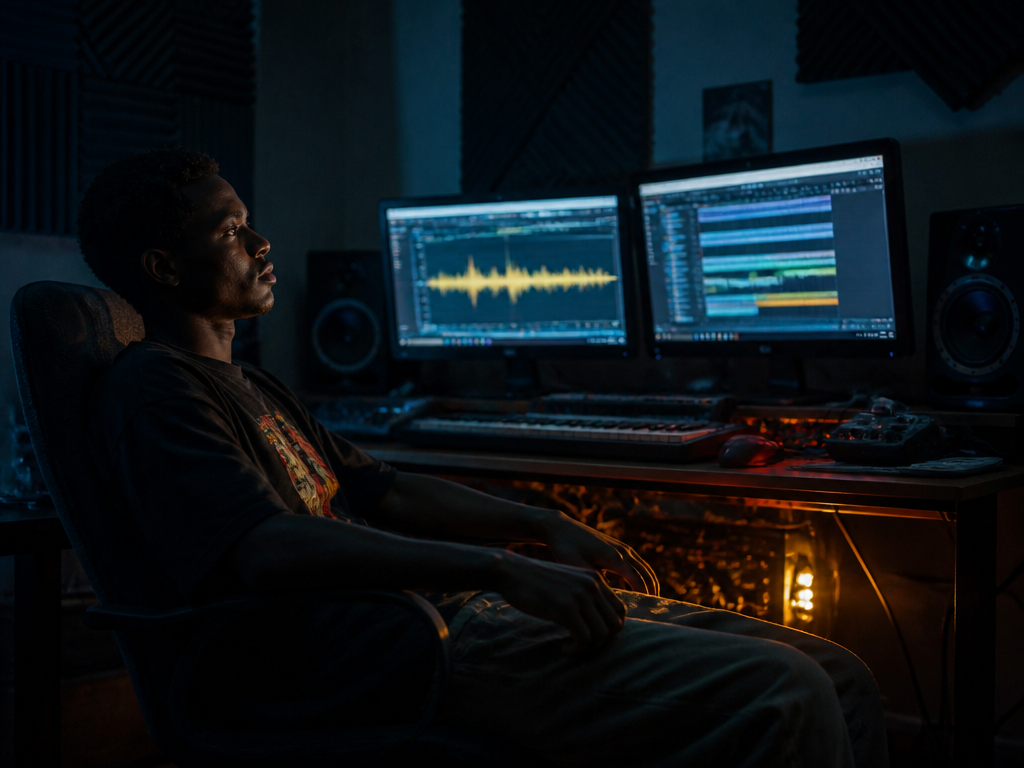 A young Namibian music producer sitting alone in a small home studio in Katutura…
