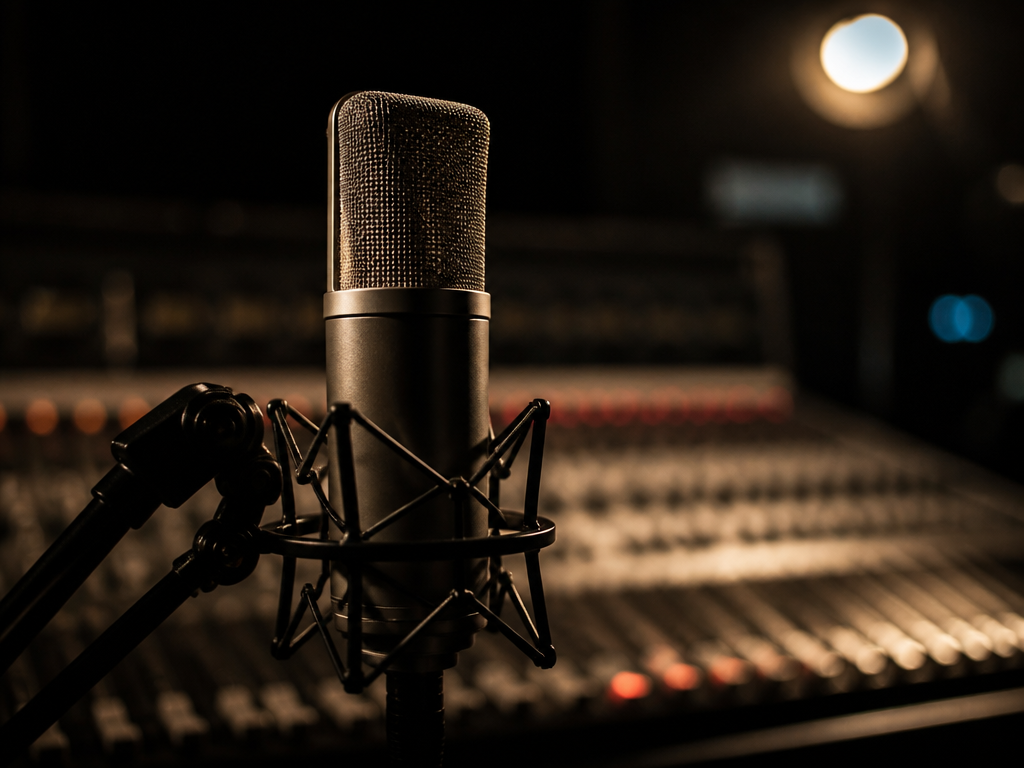 A close-up photorealistic studio photo of a professional recording setup: a large-diaphragm condenser microphone…