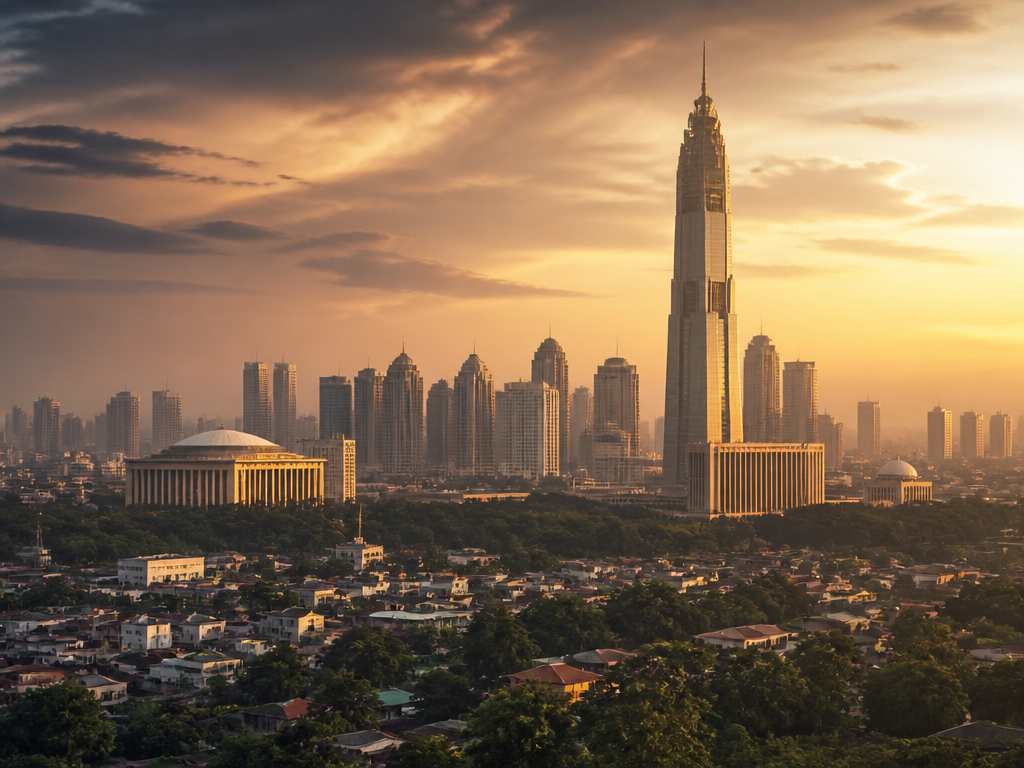 A wide-angle photorealistic shot of the Jakarta skyline at golden hour, modern glass government…
