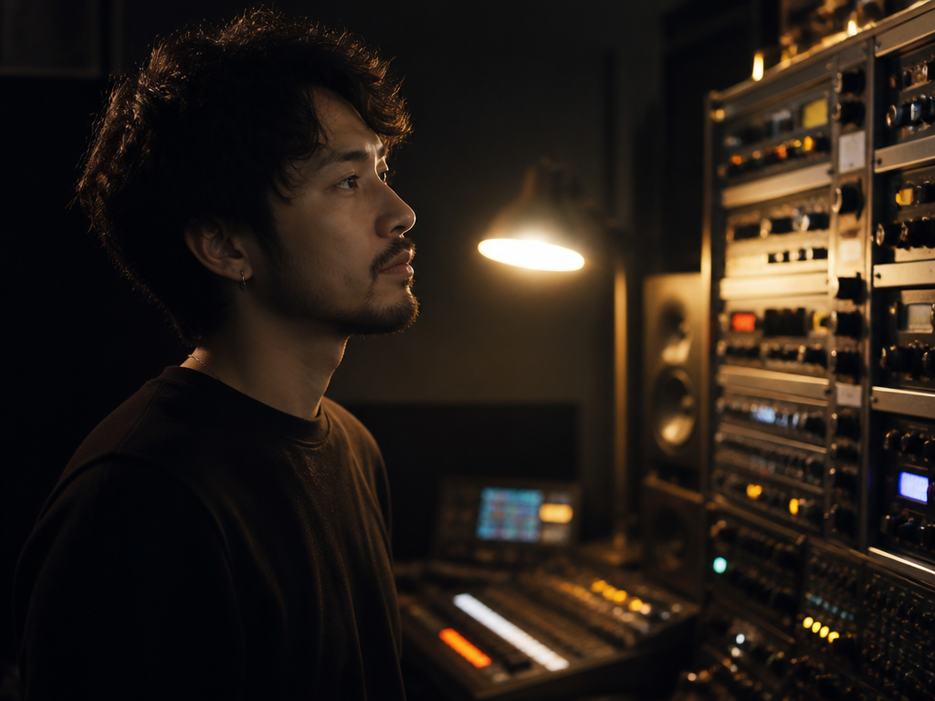 A photorealistic environmental portrait of a music producer standing thoughtfully in a dim studio…