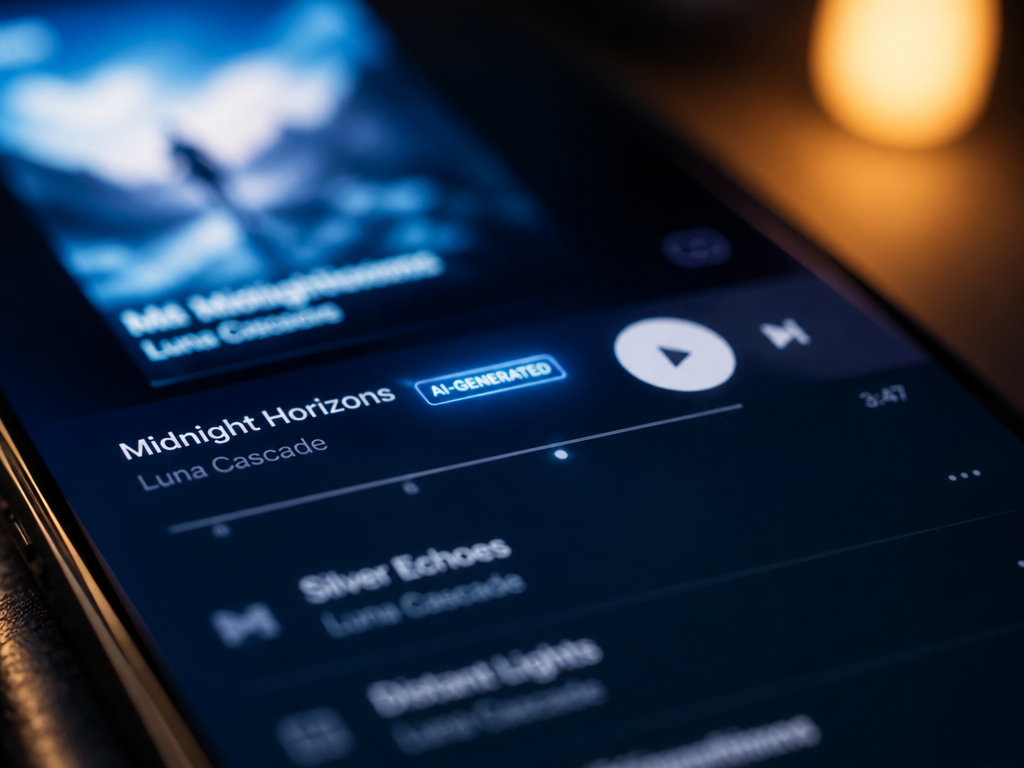 A tight macro photograph of a modern smartphone screen displaying a music streaming app…