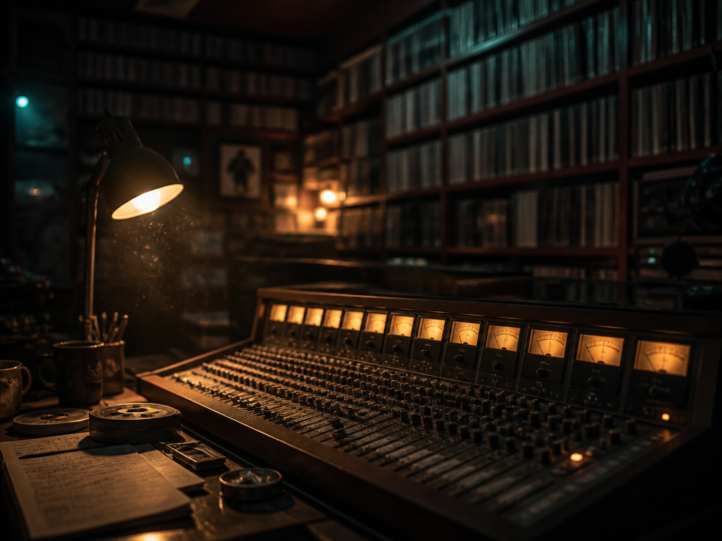 A dimly lit recording studio at night, captured in moody chiaroscuro lighting with a…
