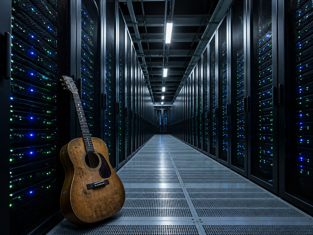 A wide architectural shot inside a vast, cold server room, rows of black data…