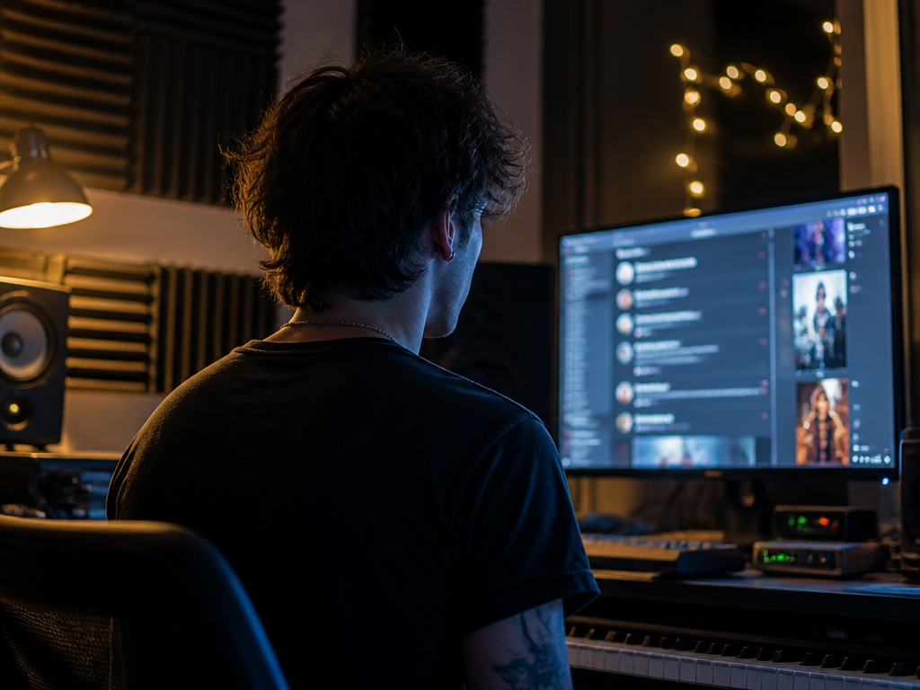 A photorealistic nighttime scene inside a dimly lit home music studio, shot with a…