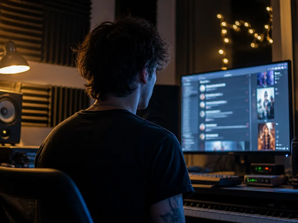 A photorealistic nighttime scene inside a dimly lit home music studio, shot with a…