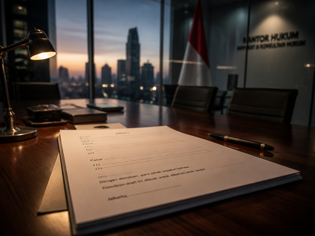 A sleek modern legal office at dusk, a large draft document lying open on…