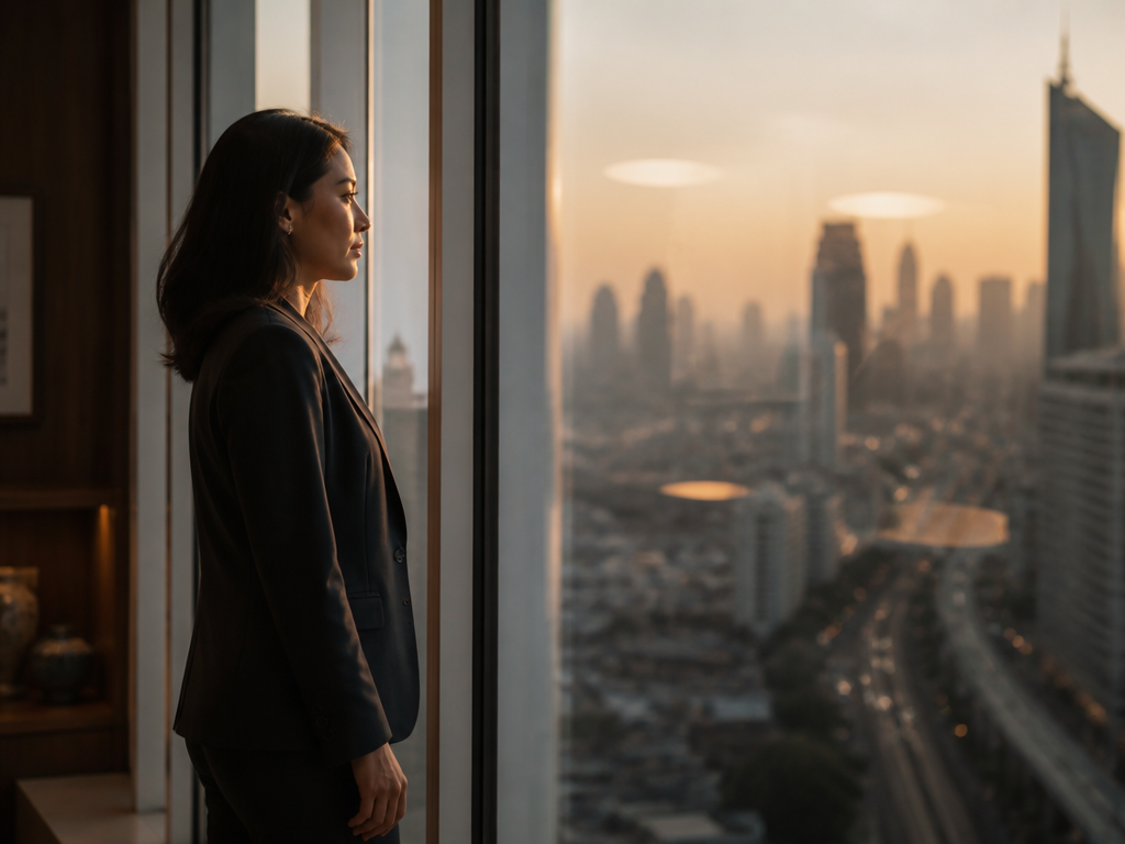 A pensive female policy strategist standing at a floor-to-ceiling office window overlooking a hazy…