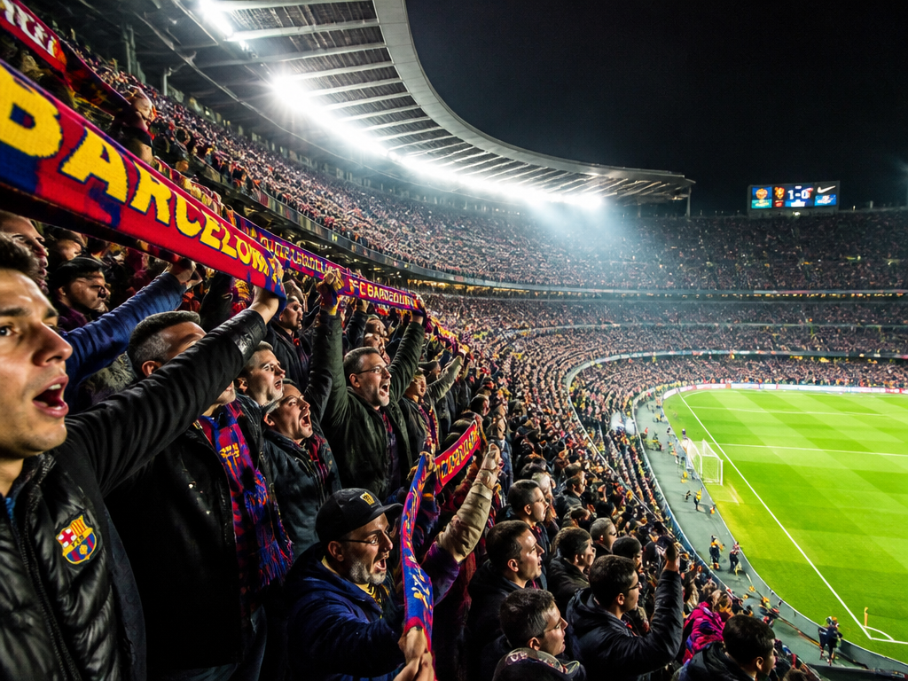 Wide-angle photograph taken from the upper tier of a floodlit football stadium at night…