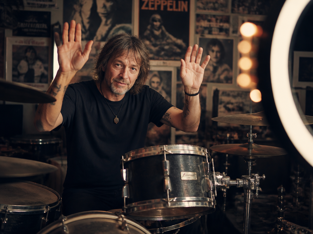 A middle-aged rock drummer seated behind a vintage drum kit in a dim home…