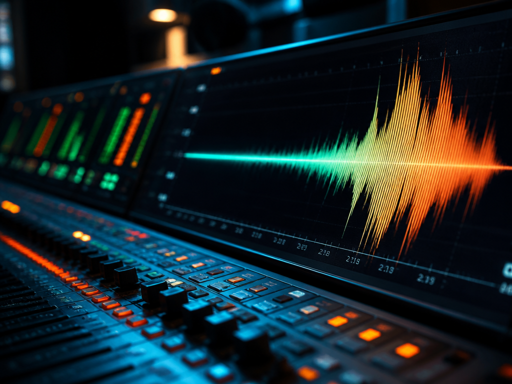 A close-up of a hand-less audio waveform visualization glowing on a professional recording console…